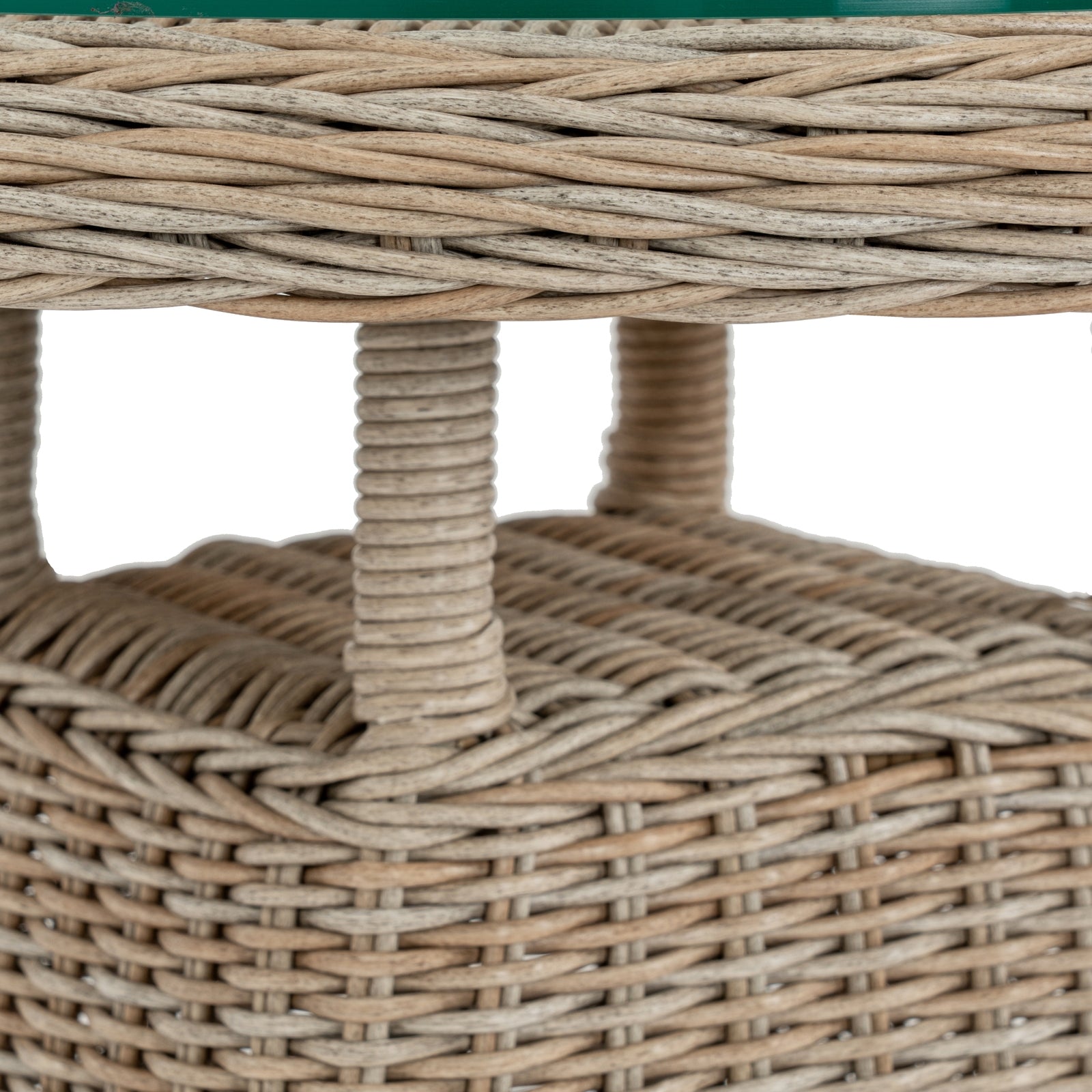 Close-up of a woven wicker stool with a blurred background