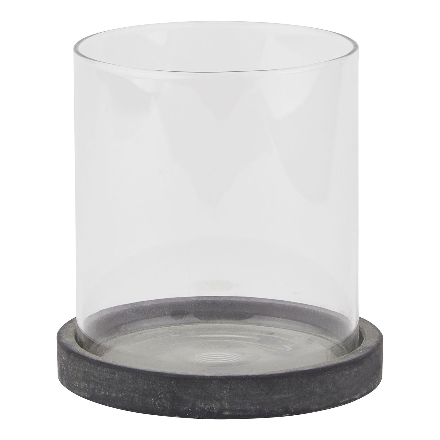 Clear glass candle holder with a dark gray base on a white background