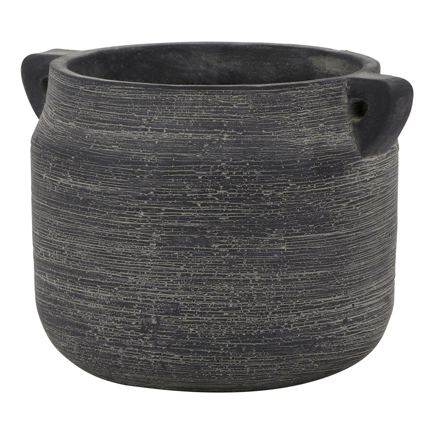 Black textured pot with two handles on a white background