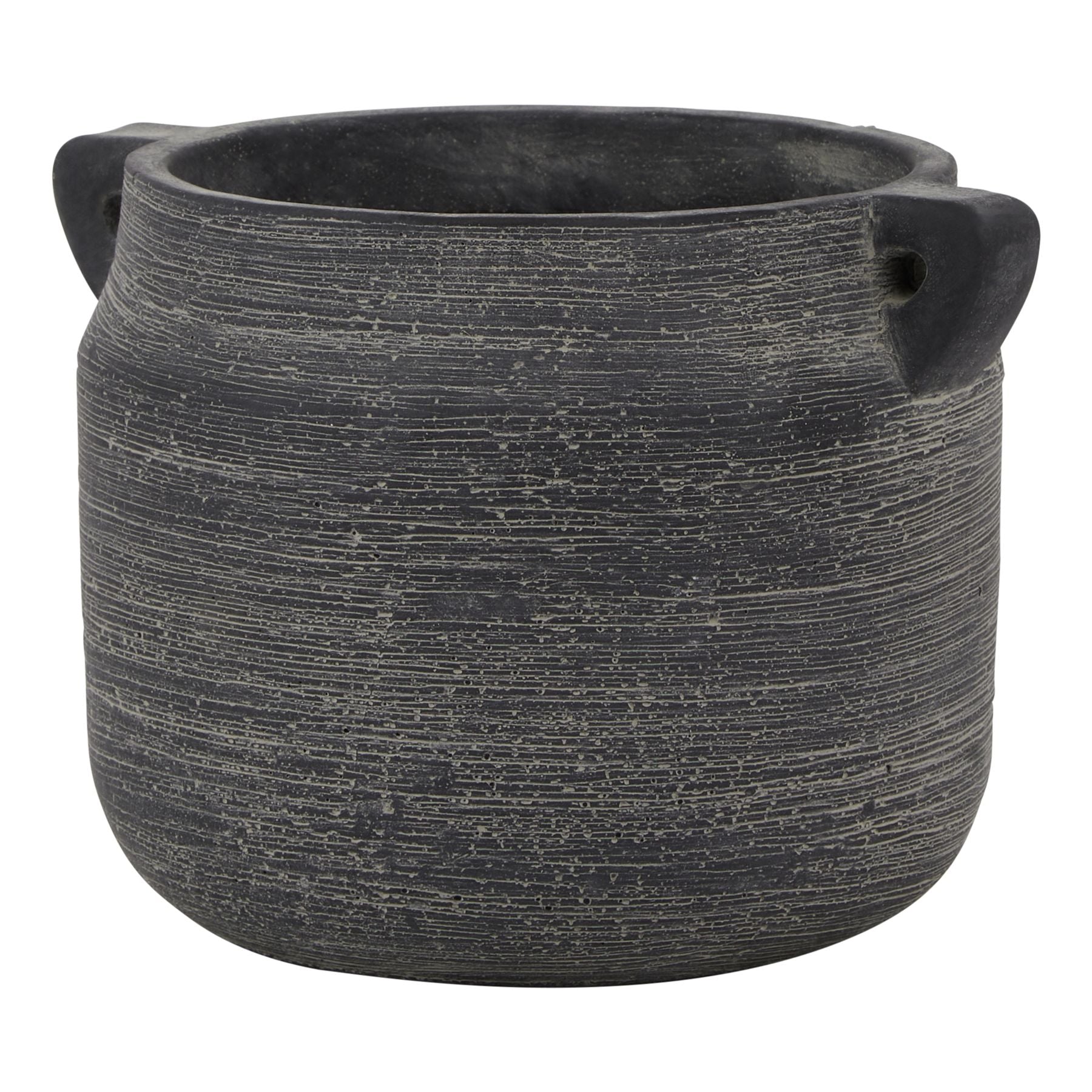 Black textured pot with two handles on a white background