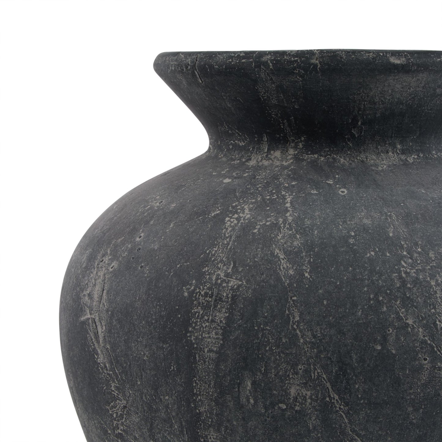 Black stone vase with textured surface on a white background