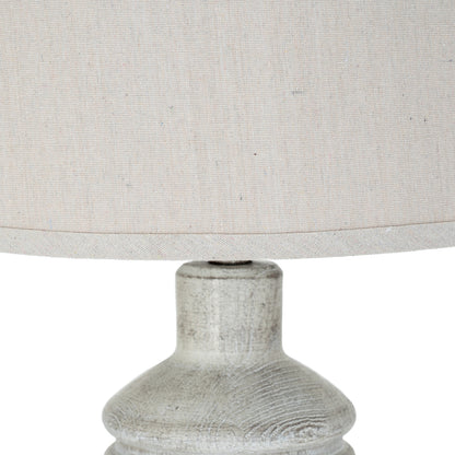 Close-up of a textured lamp base with a light gray fabric lampshade on a white background