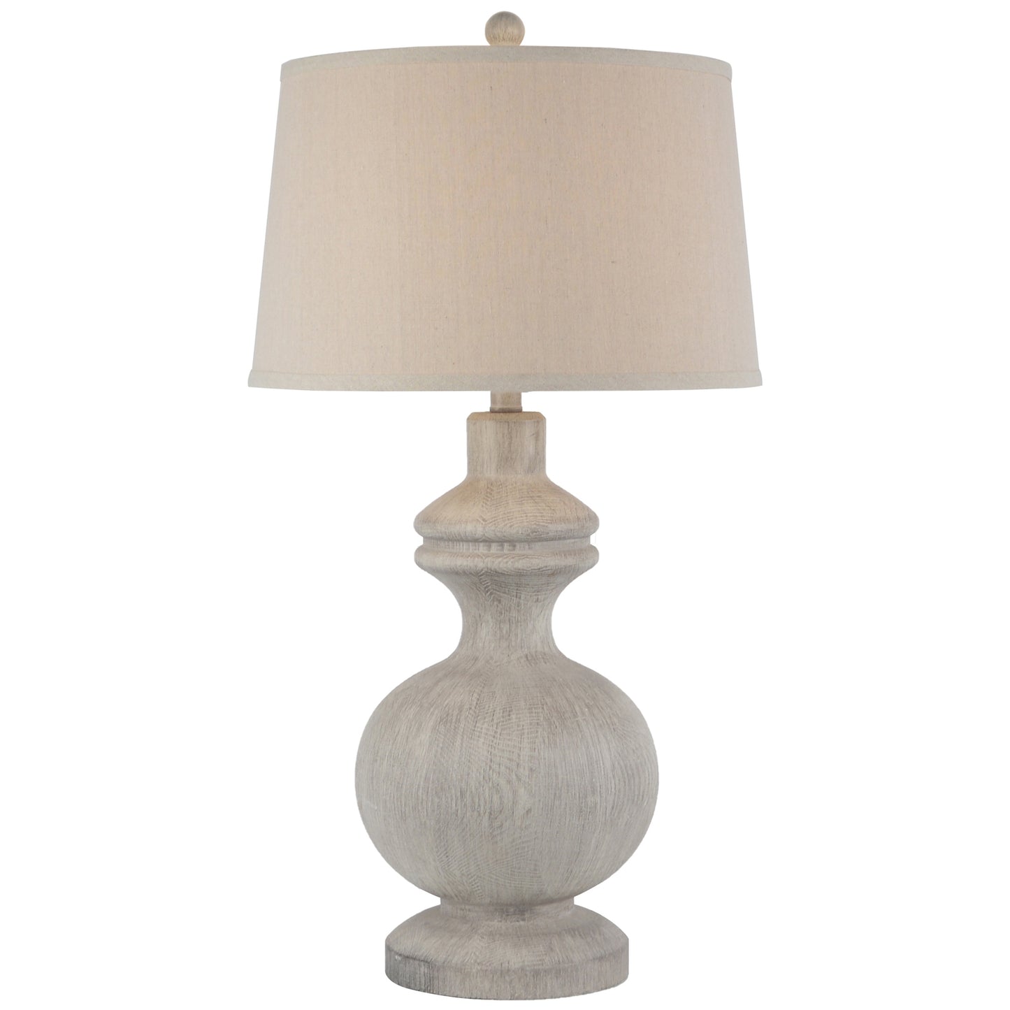 Table lamp with beige shade and textured base on a white background