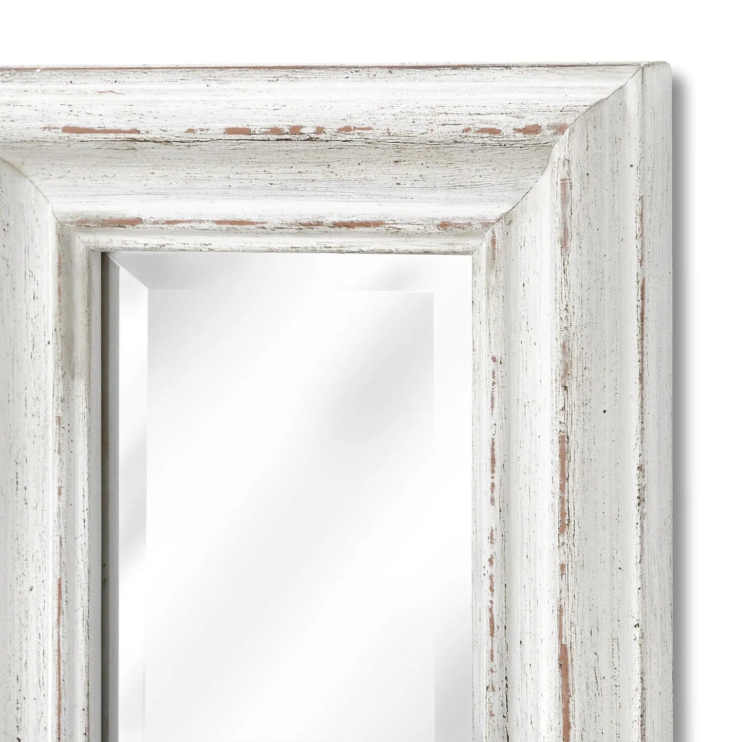 White distressed wooden frame with a mirror on a white background