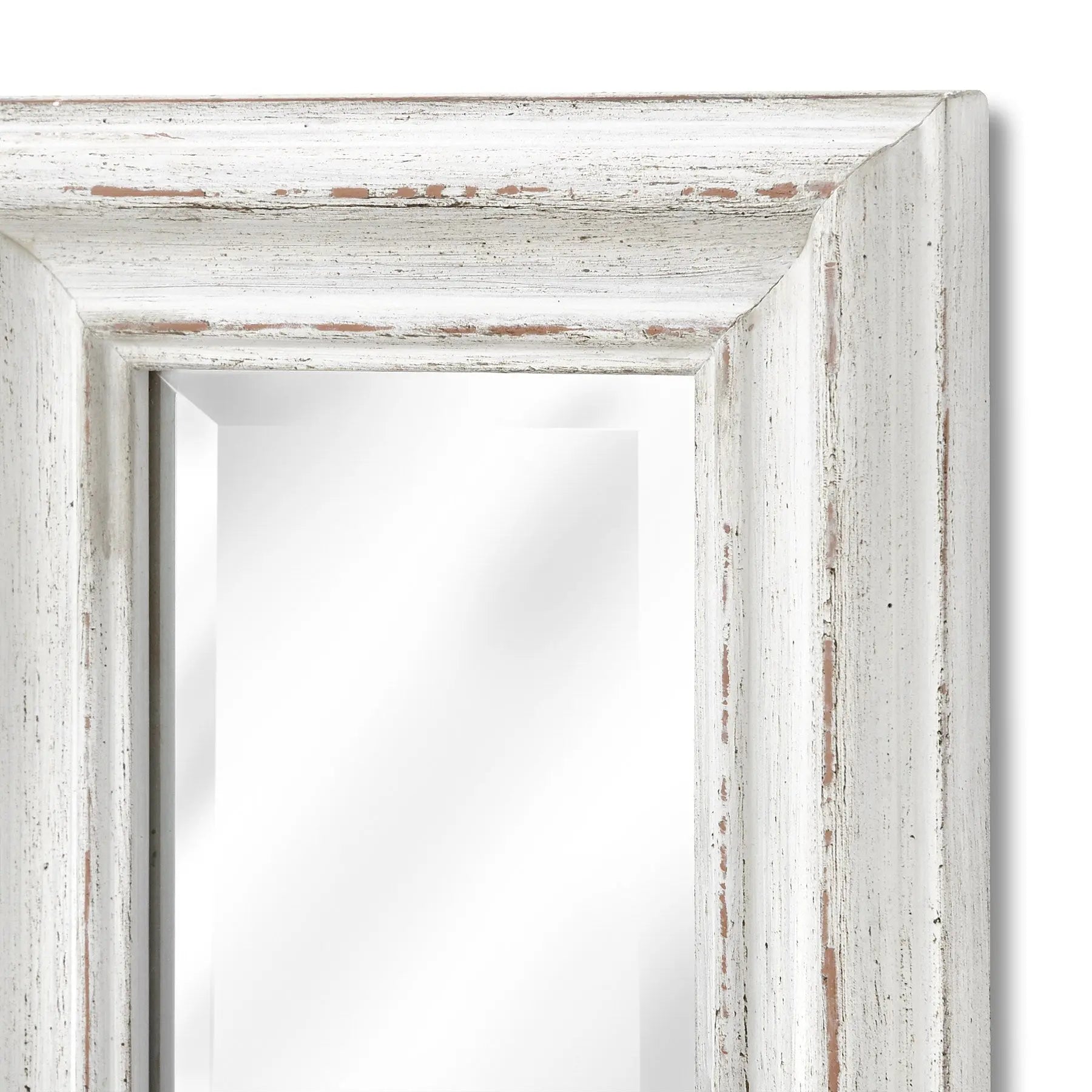 White distressed wooden frame with a mirror on a white background