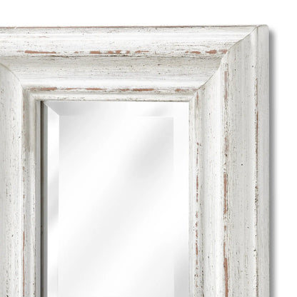 White distressed wooden frame with a mirror on a white background