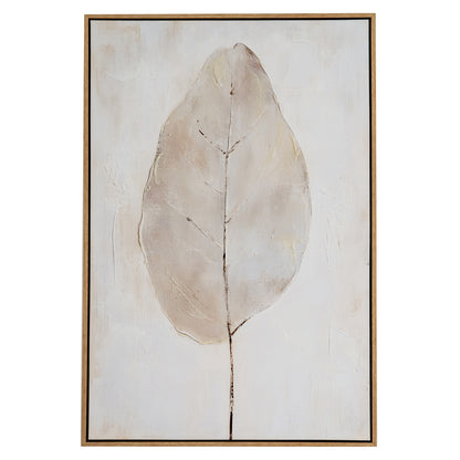 Framed artwork of a large leaf on a textured beige background