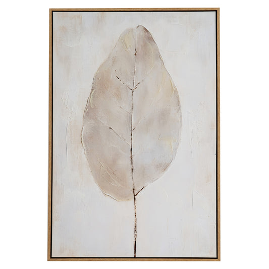 Framed artwork of a large leaf on a textured beige background