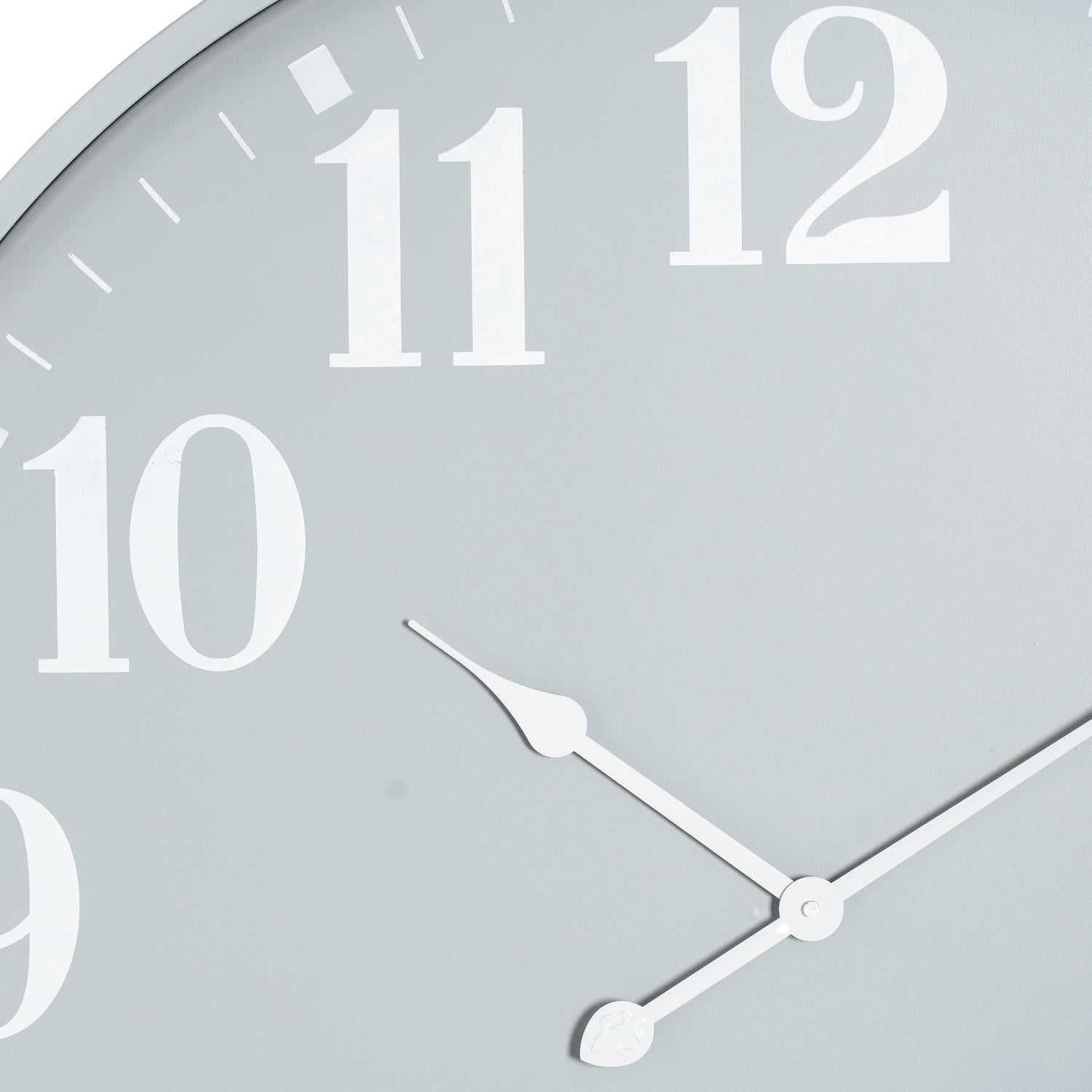 Close-up of a wall clock with a gray background