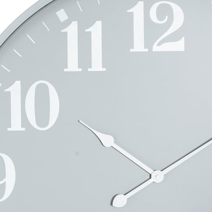Close-up of a wall clock with a gray background