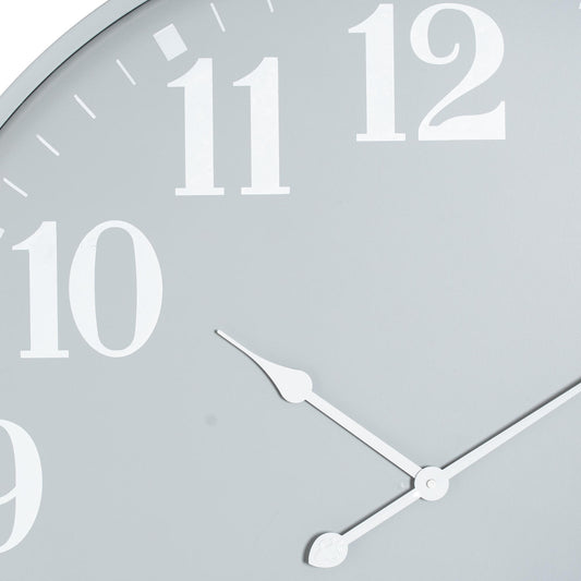 Close-up of a wall clock with a gray background