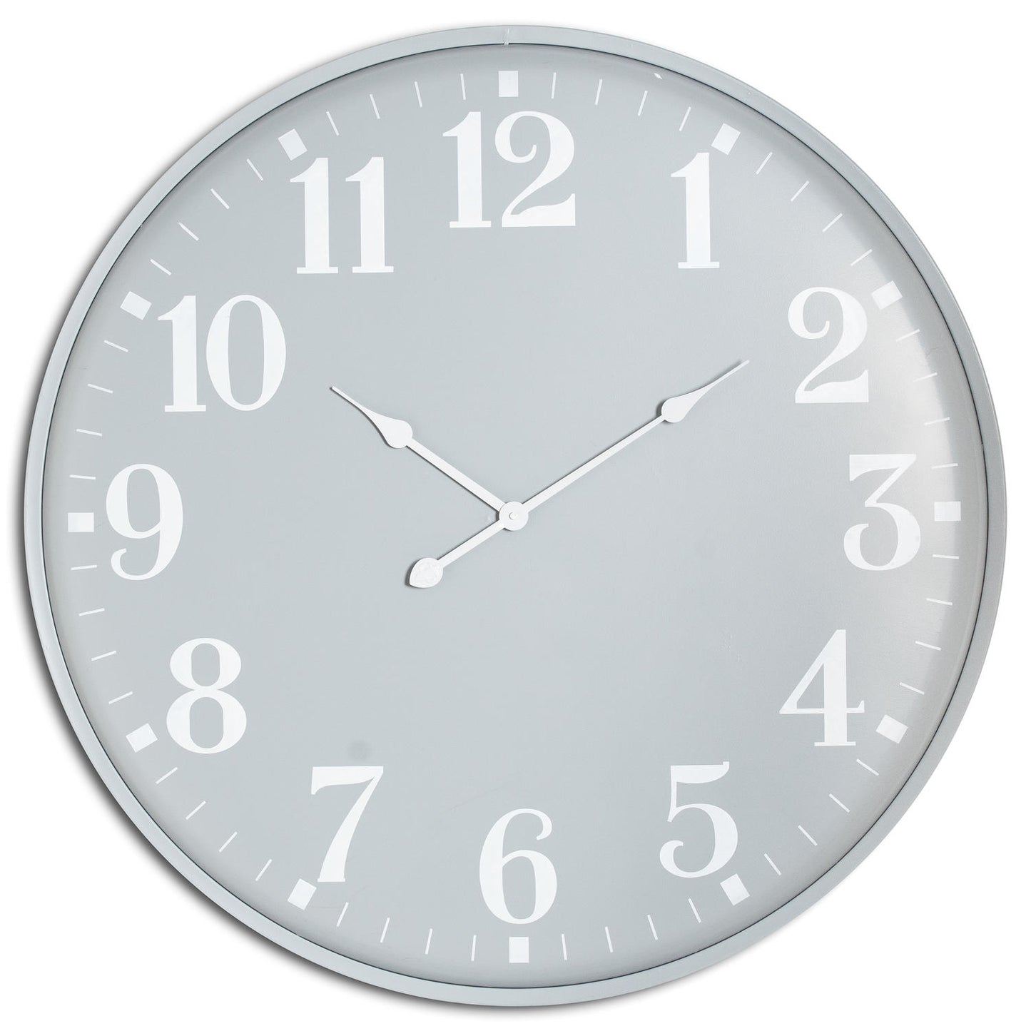 Round wall clock with white face and black numbers on a white background