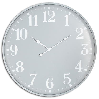 Round wall clock with white face and black numbers on a white background