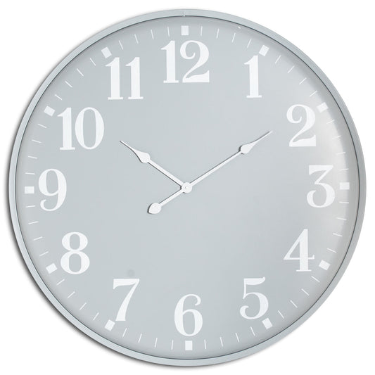 Round wall clock with white face and black numbers on a white background
