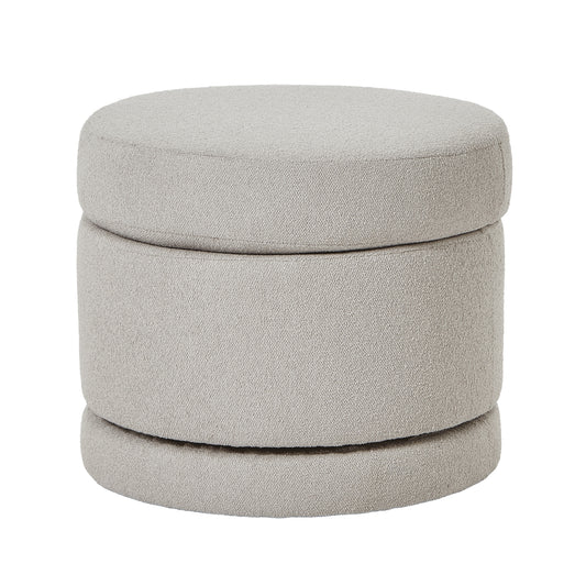 Round beige ottoman with a stackable design on a white background