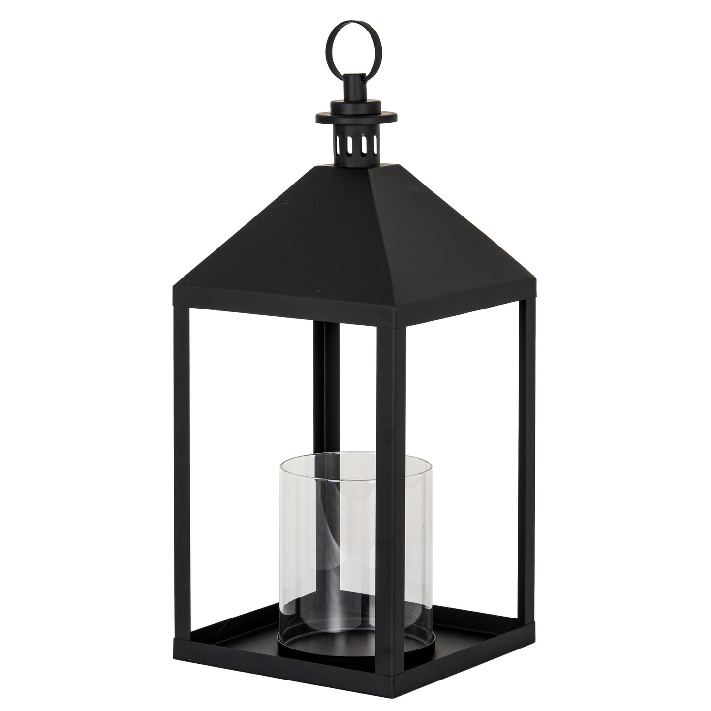 Black metal lantern with a clear glass candle holder on a white background