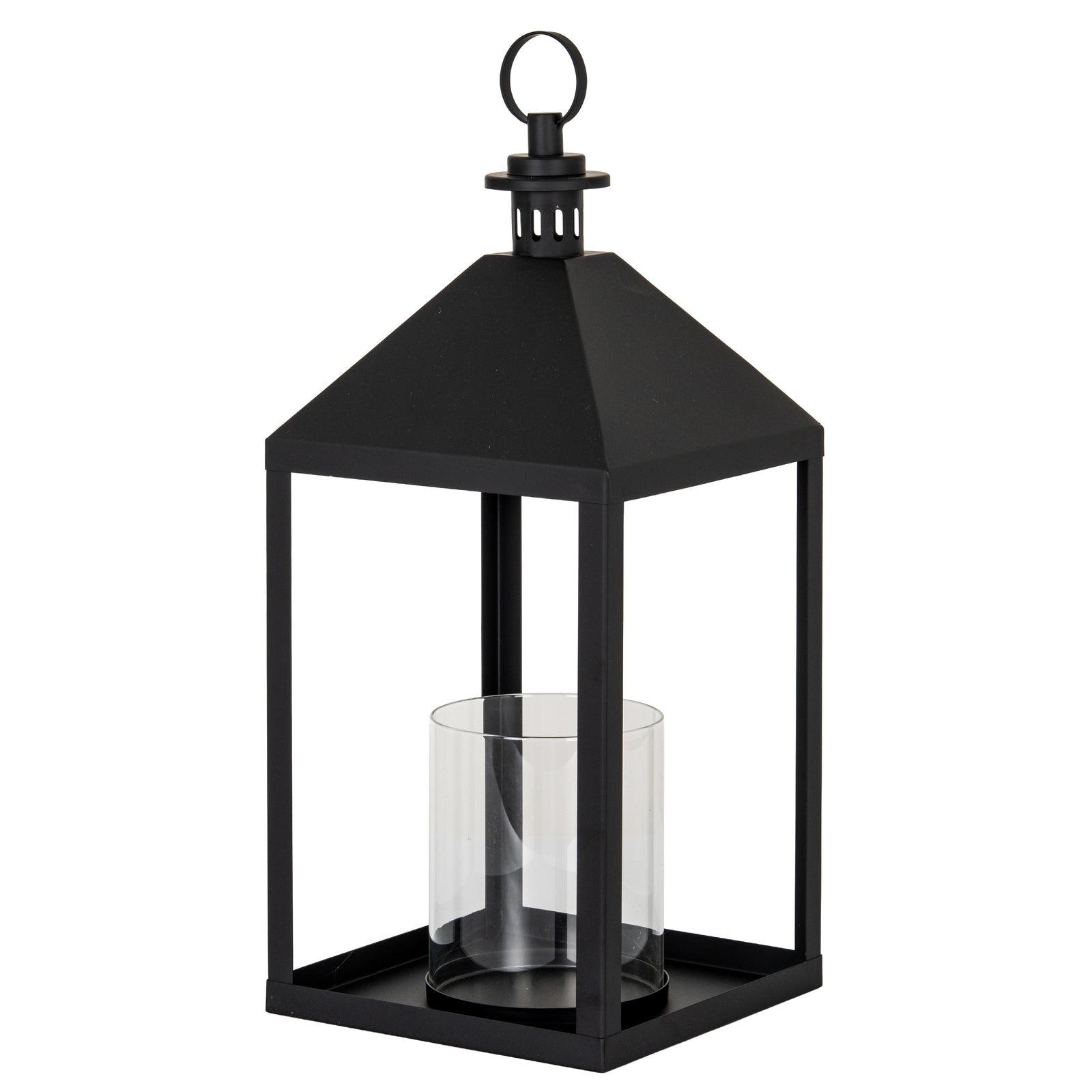 Black metal lantern with a clear glass candle holder on a white background