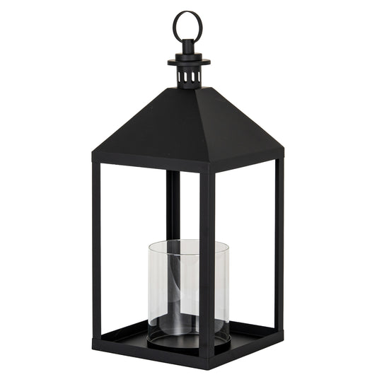 Black metal lantern with a clear glass candle holder on a white background