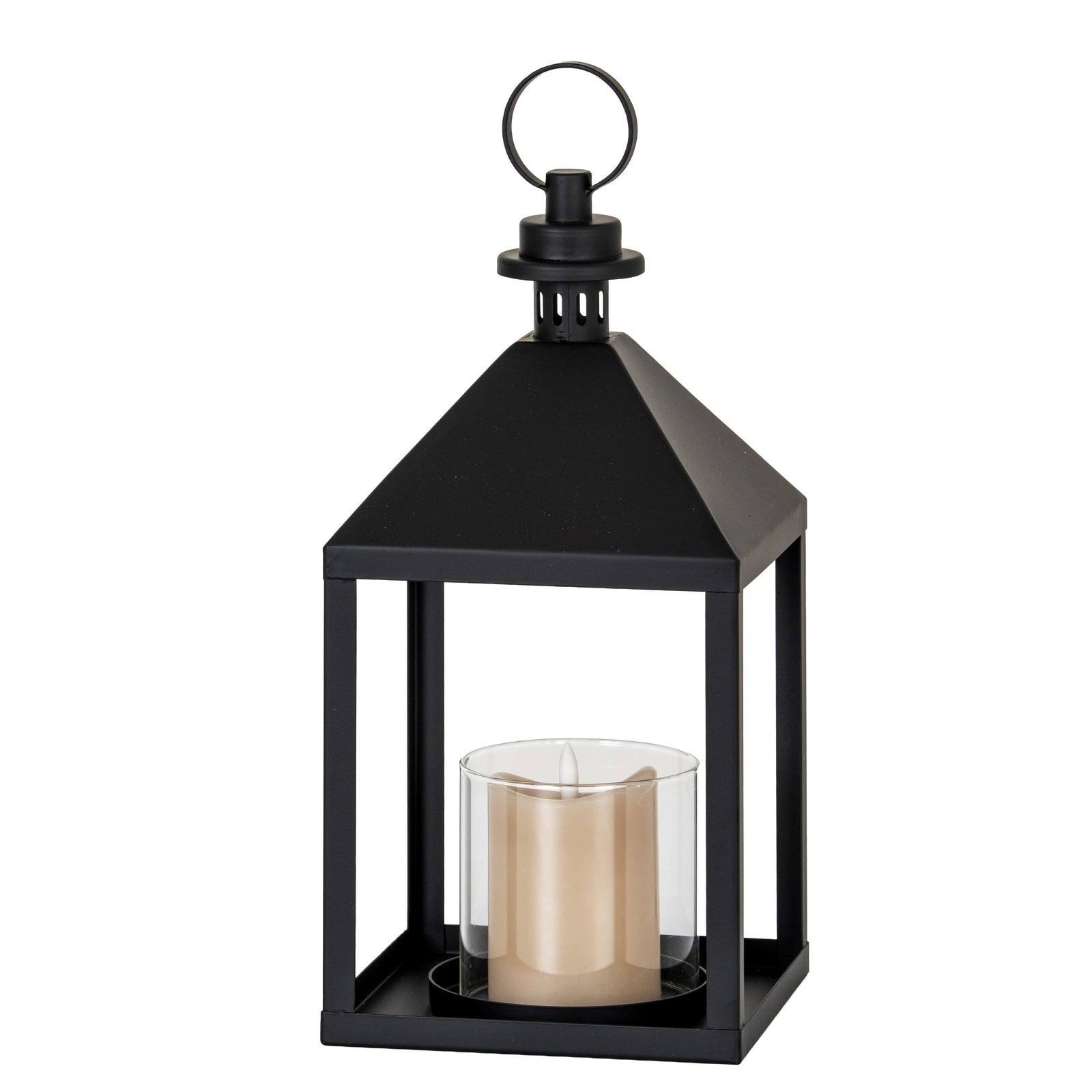 Black lantern with a candle inside on a white background