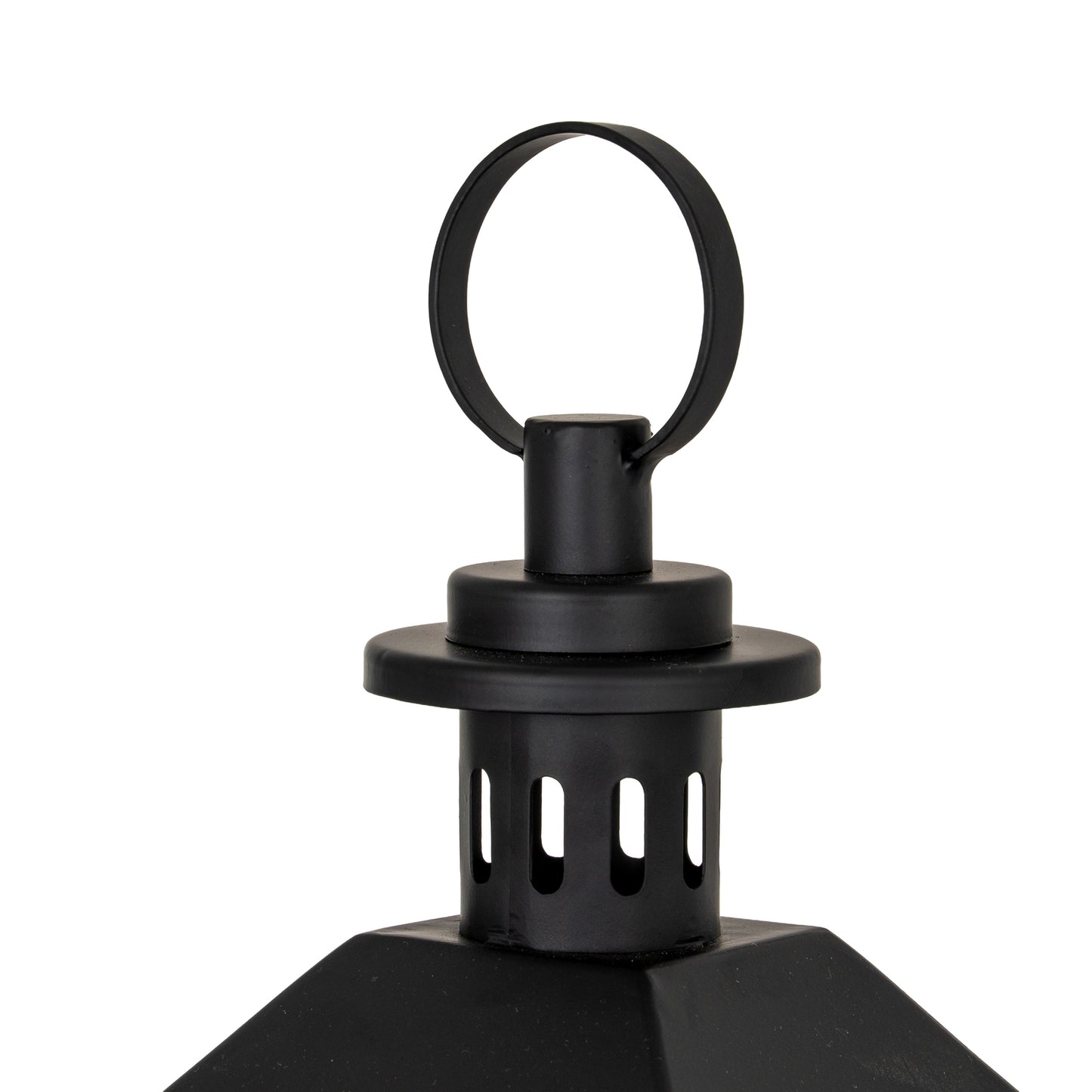 Black lantern with hexagonal design and ring handle on a white background