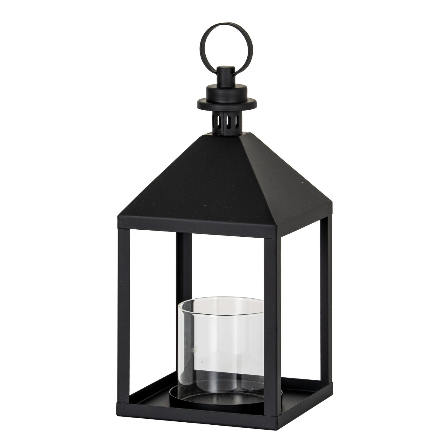 Black lantern with a clear glass holder on a white background