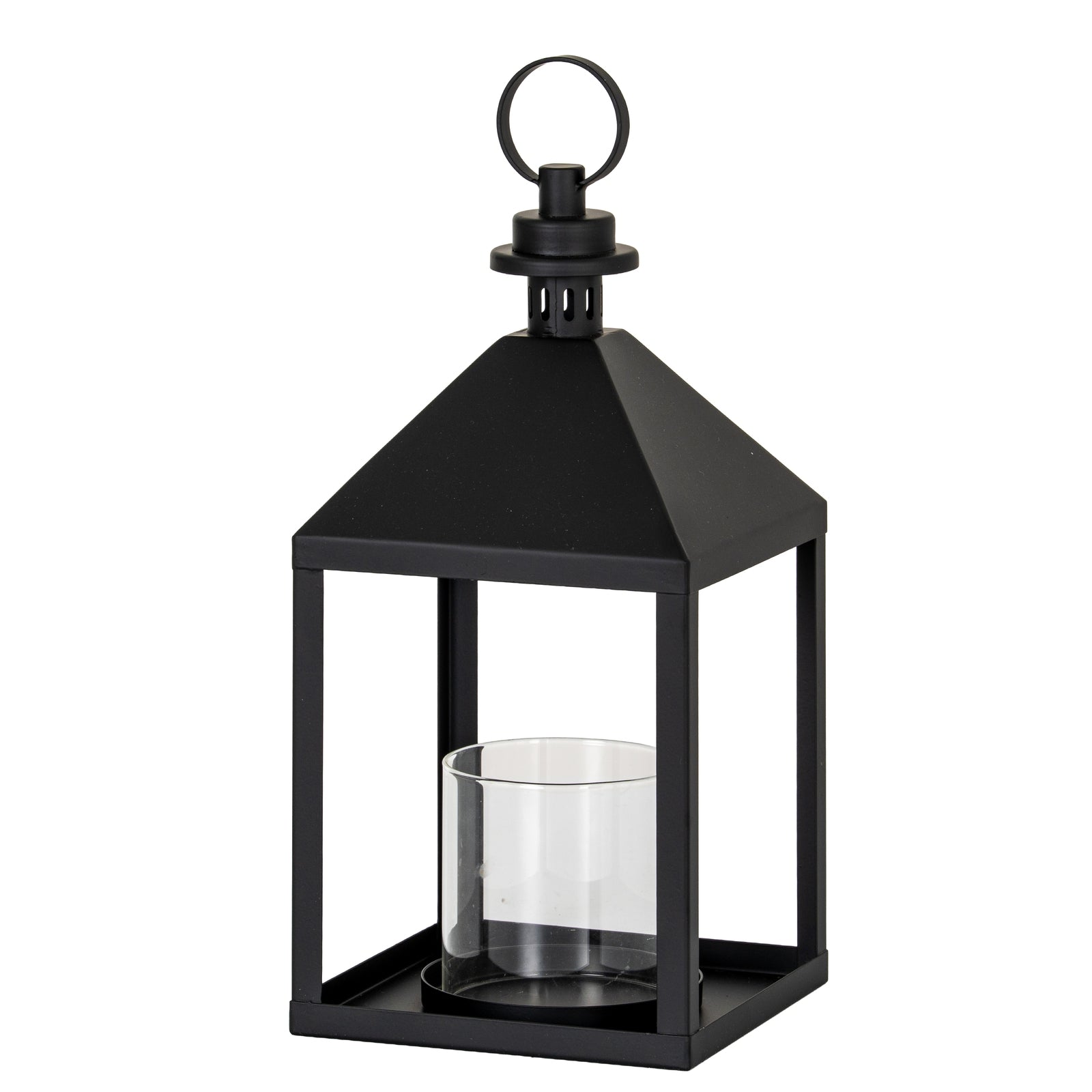 Black lantern with a clear glass holder on a white background