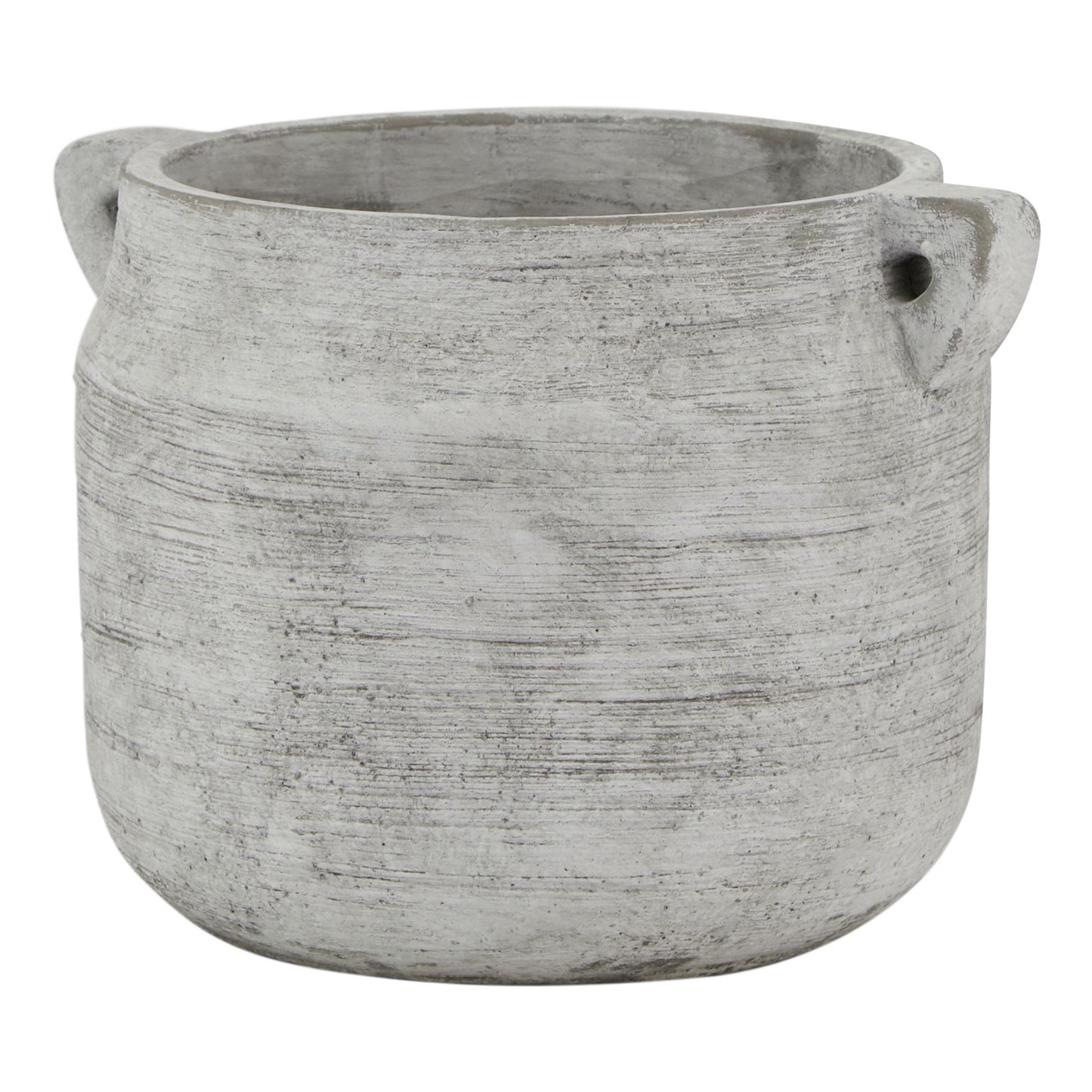 Gray textured planter with two handles on a white background