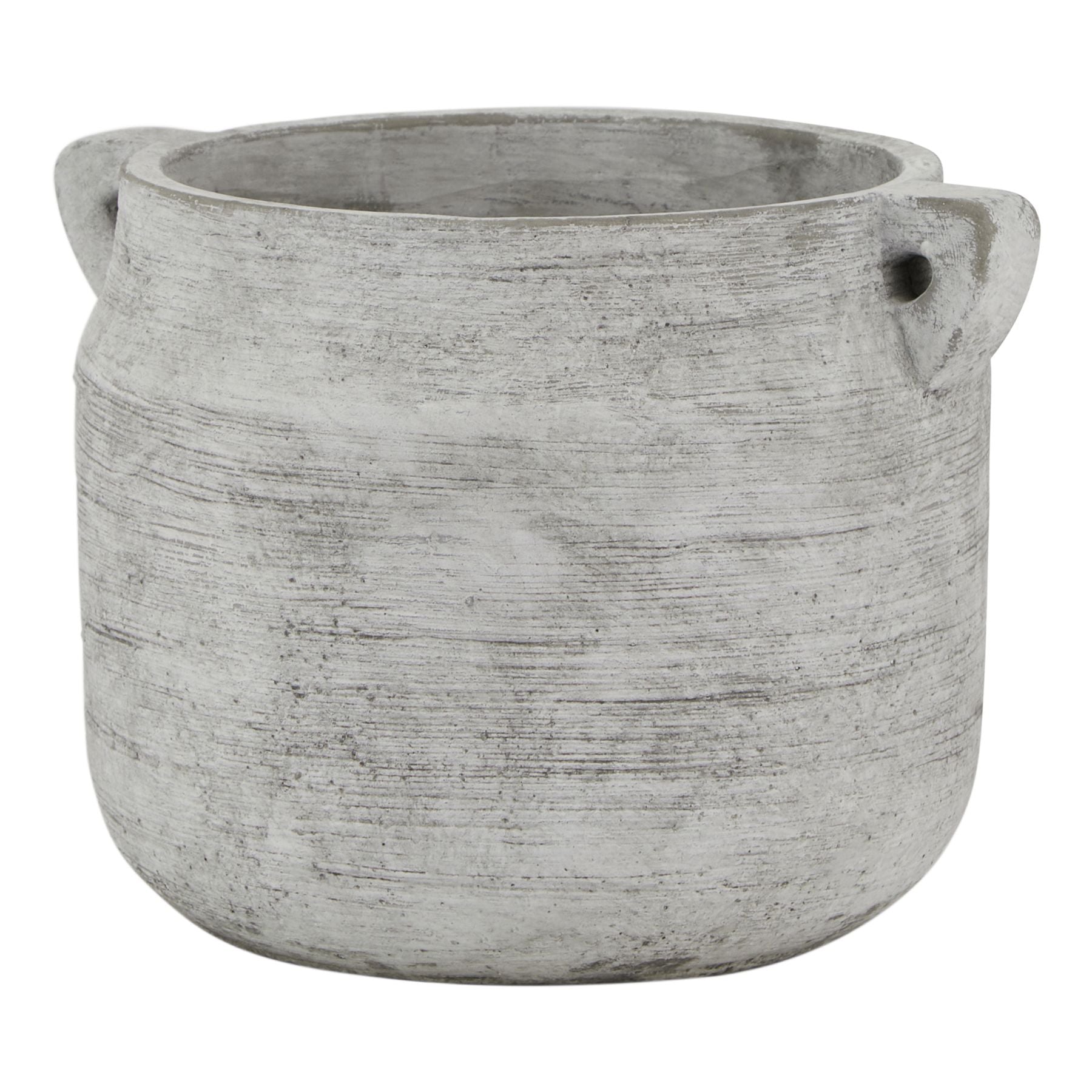 Gray textured planter with two handles on a white background