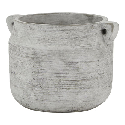 Gray textured planter with two handles on a white background