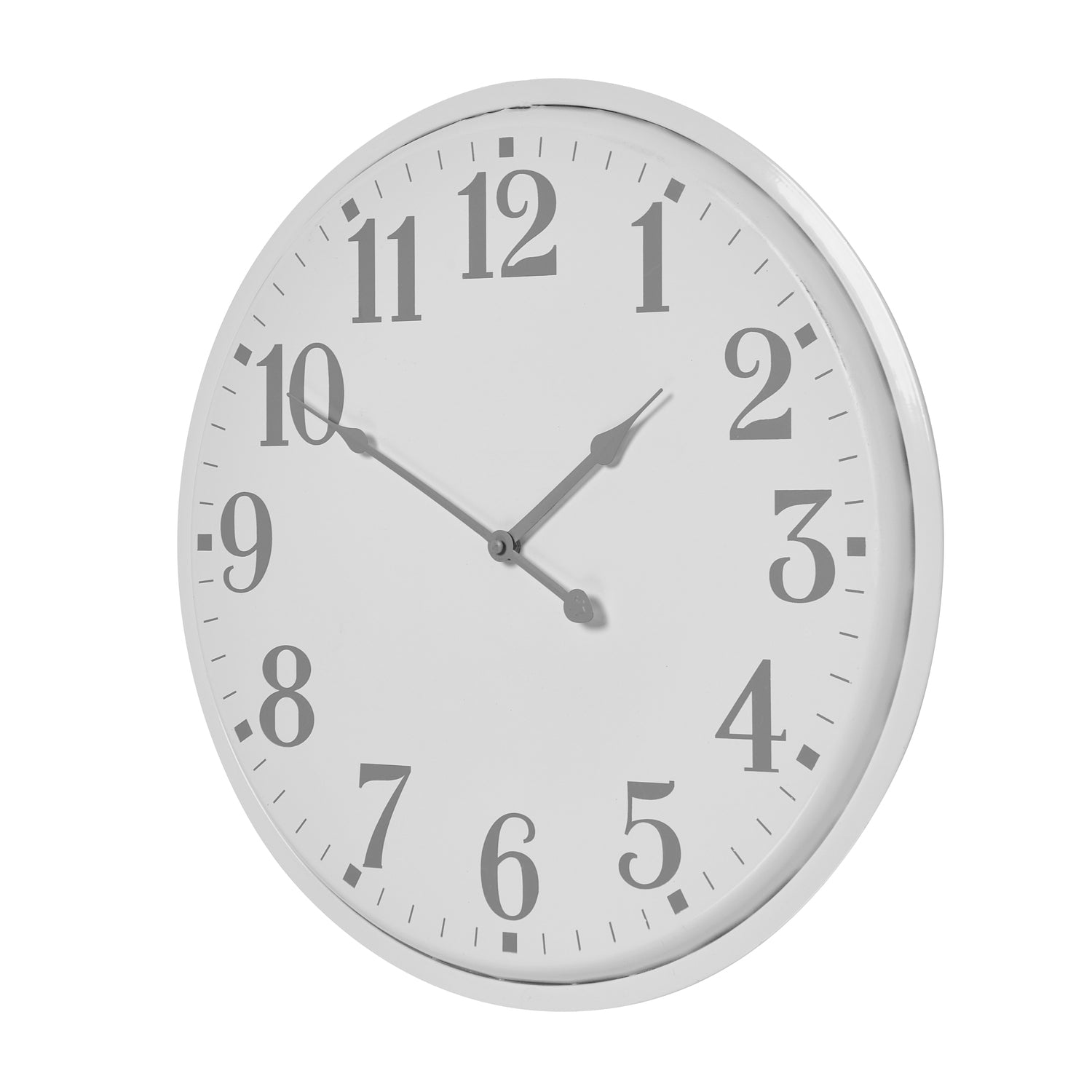 White wall clock with black numbers and hands on a white background