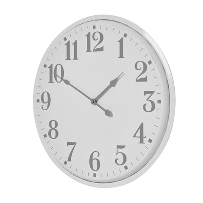 White wall clock with black numbers and hands on a white background