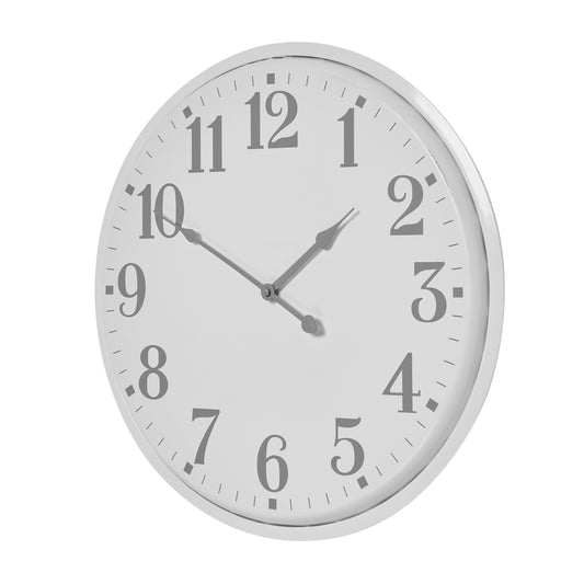 White wall clock with black numbers and hands on a white background