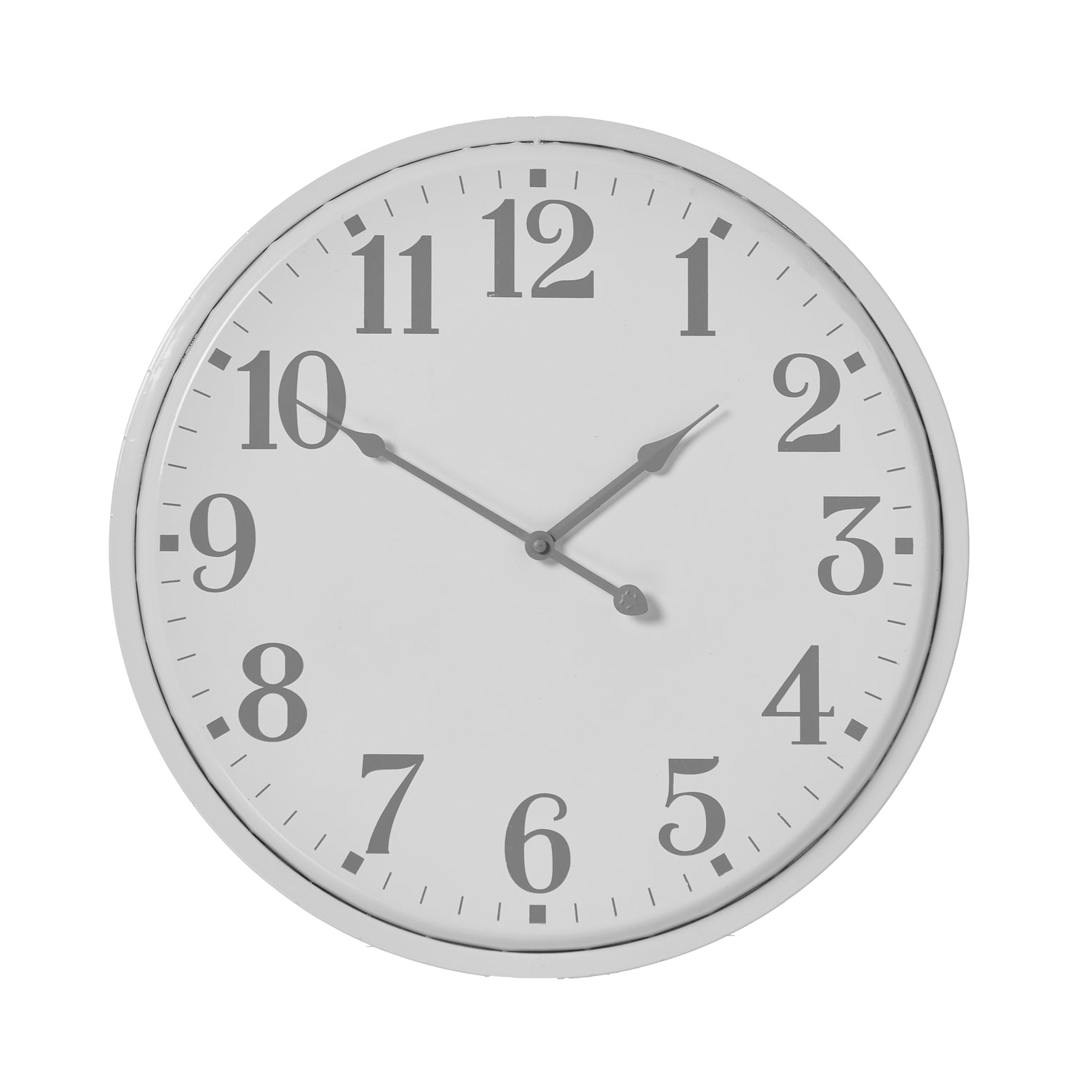 Round wall clock with white face and black numbers on a white background