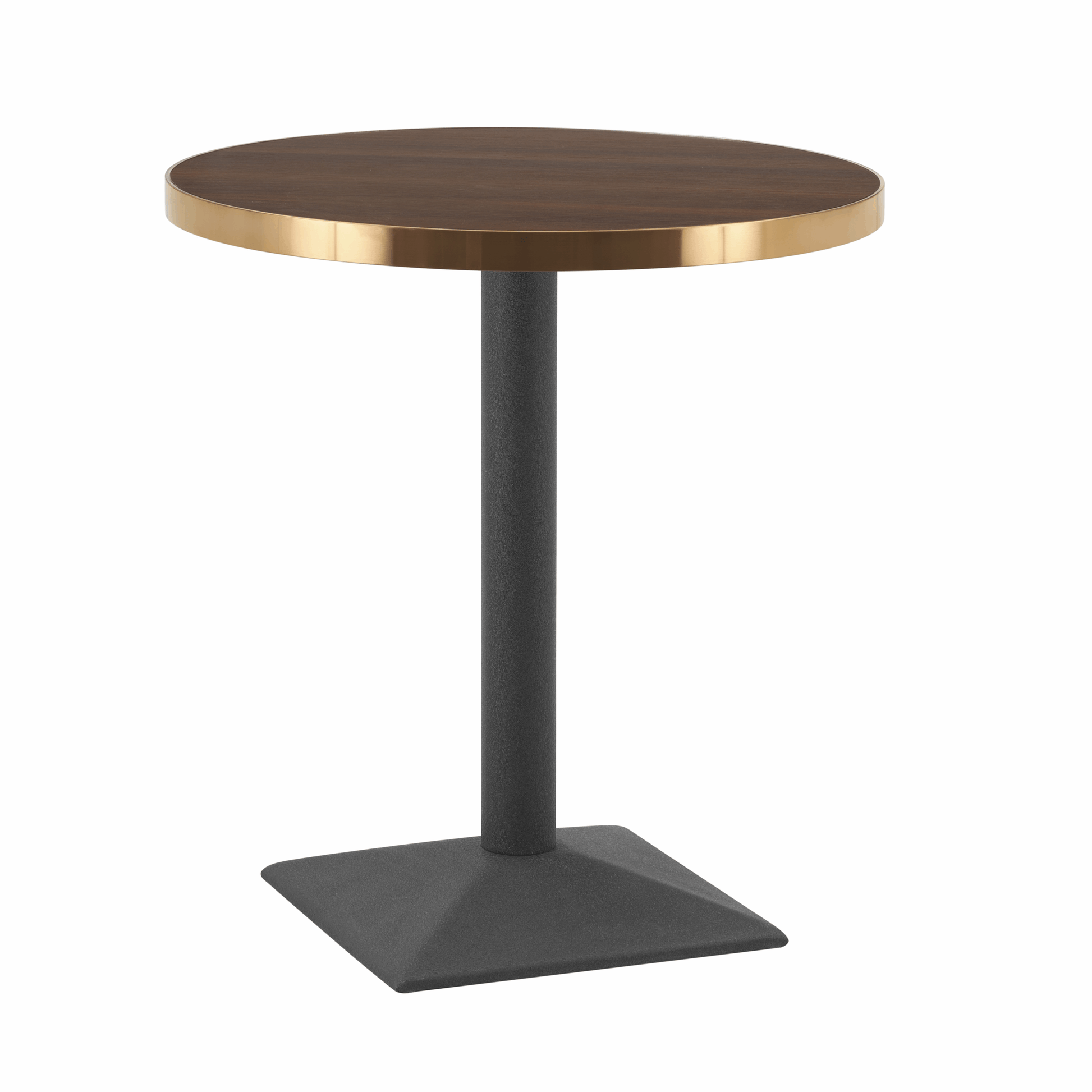 Aurora 70cm Round Walnut Bistro Table – Brushed Gold Edge with Black Square Pedestal Base   BlissVeranda
