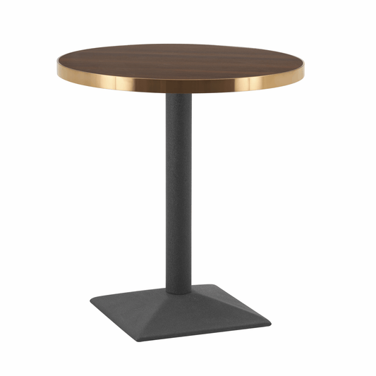 Aurora 70cm Round Walnut Bistro Table – Brushed Gold Edge with Black Square Pedestal Base   BlissVeranda