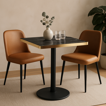 Aurora 70cm Squared Black Marble Effect Bistro Table – Brushed Gold Edge with Round Pedestal Base   BlissVeranda