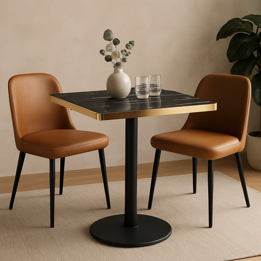Aurora 70cm Squared Black Marble Effect Bistro Table – Brushed Gold Edge with Round Pedestal Base   BlissVeranda