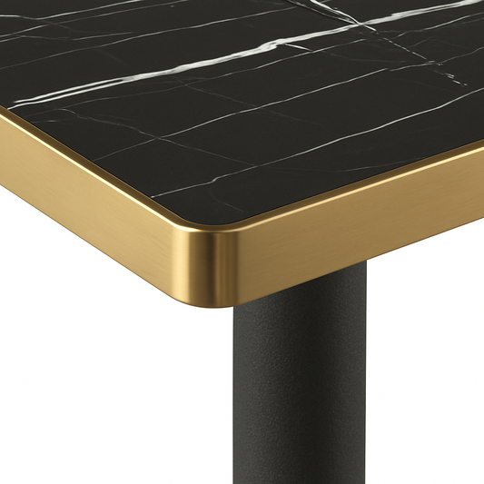 Aurora 70cm Squared Black Marble Effect Bistro Table – Brushed Gold Edge with Round Pedestal Base   BlissVeranda