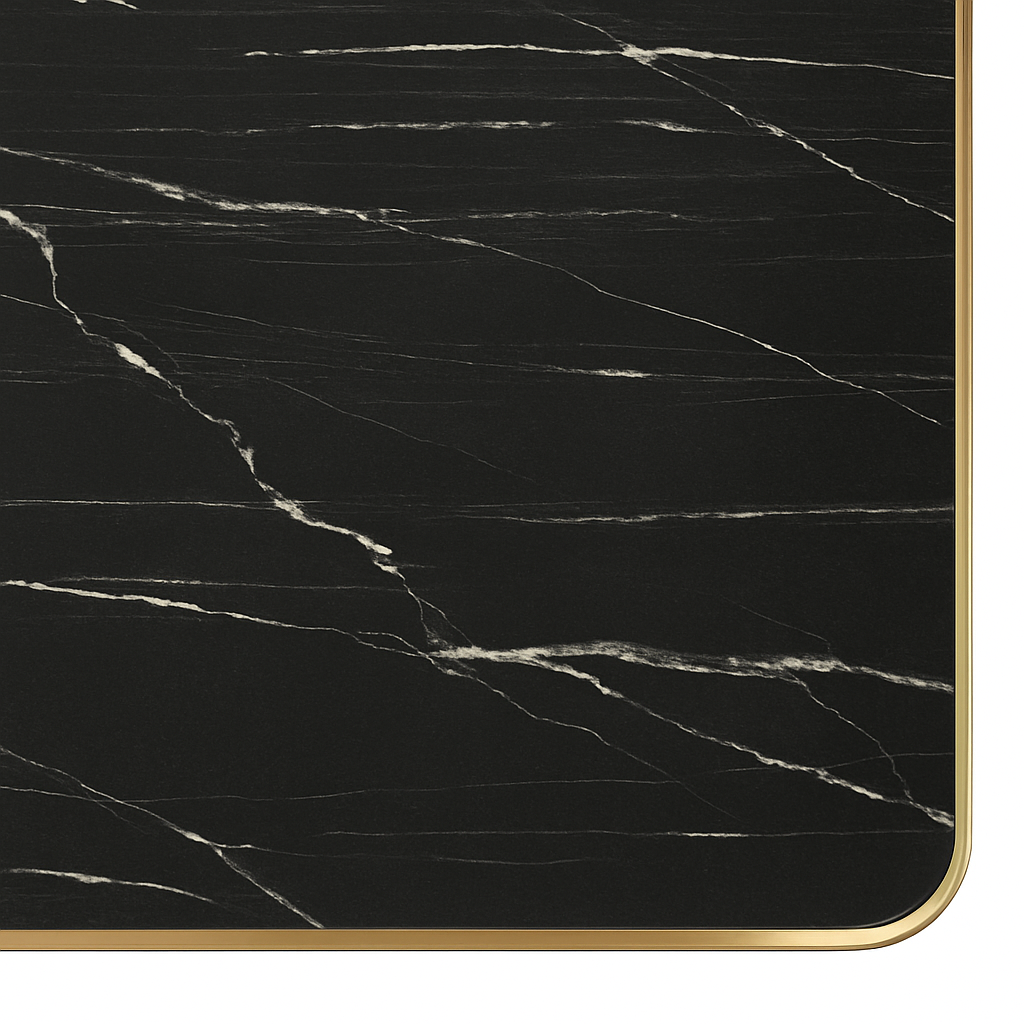 Aurora 70cm Squared Black Marble Effect Bistro Table – Brushed Gold Edge with Round Pedestal Base   BlissVeranda
