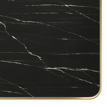 Aurora 70cm Squared Black Marble Effect Bistro Table – Brushed Gold Edge with Round Pedestal Base   BlissVeranda