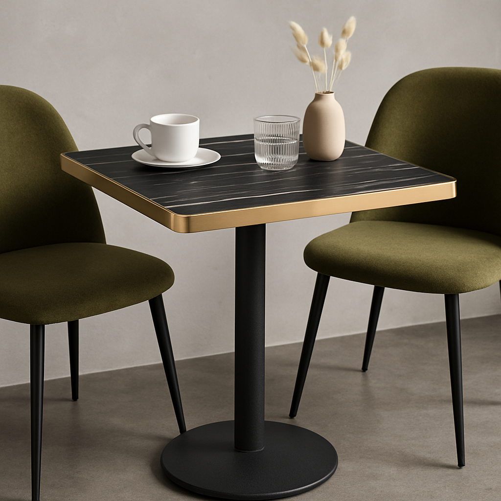 Aurora 70cm Squared Black Marble Effect Bistro Table – Brushed Gold Edge with Round Pedestal Base   BlissVeranda