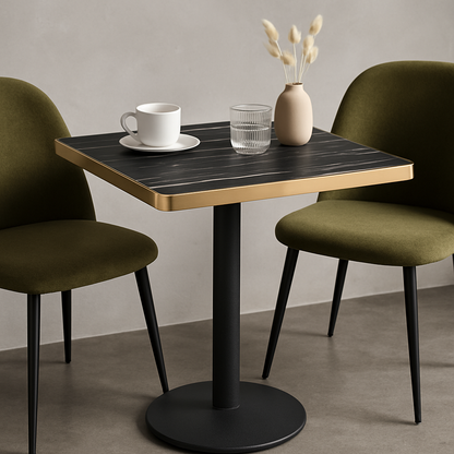 Aurora 70cm Squared Black Marble Effect Bistro Table – Brushed Gold Edge with Round Pedestal Base   BlissVeranda
