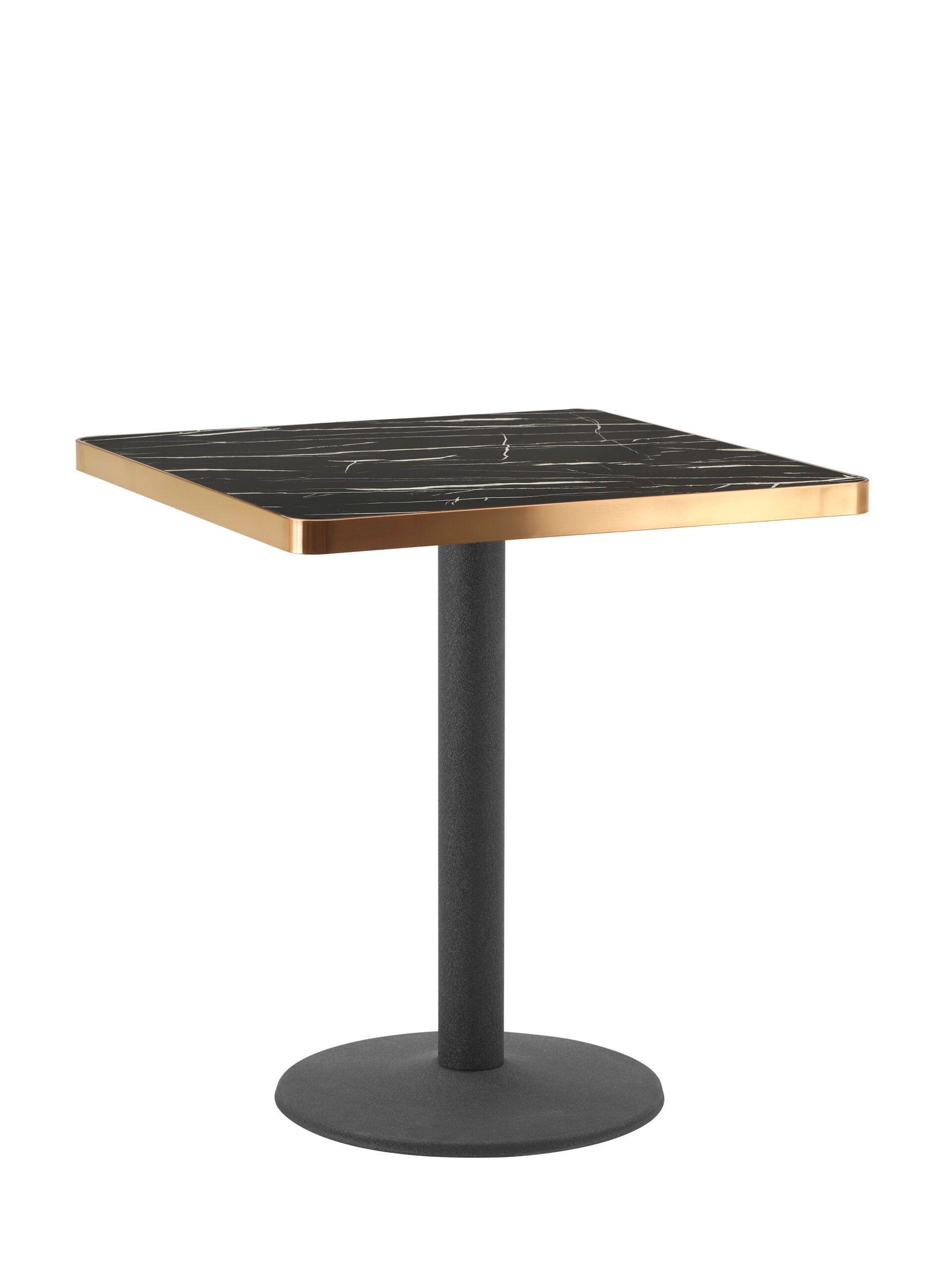 Aurora 70cm Squared Black Marble Effect Bistro Table – Brushed Gold Edge with Round Pedestal Base   BlissVeranda