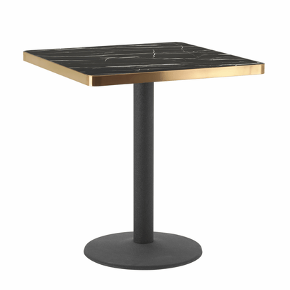 Aurora 70cm Squared Black Marble Effect Bistro Table – Brushed Gold Edge with Round Pedestal Base   BlissVeranda