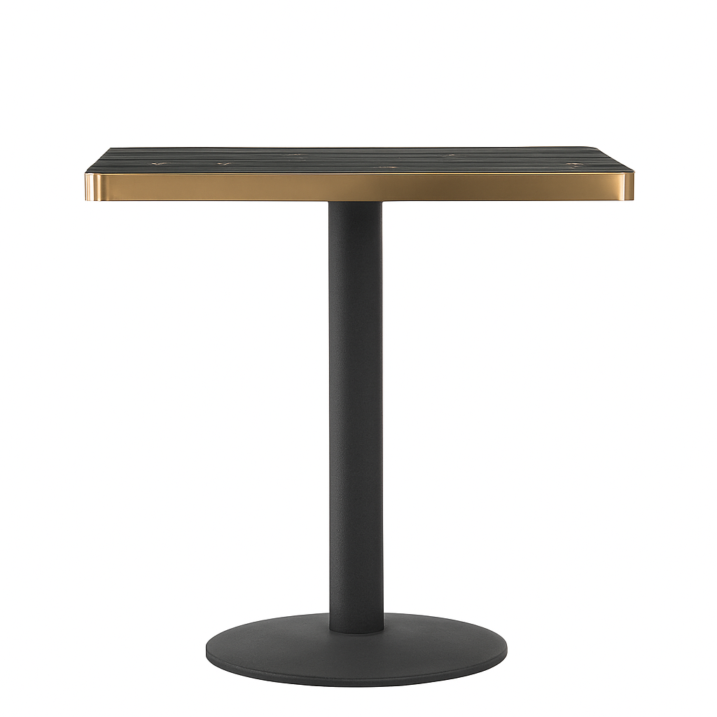 Aurora 70cm Squared Black Marble Effect Bistro Table – Brushed Gold Edge with Round Pedestal Base   BlissVeranda