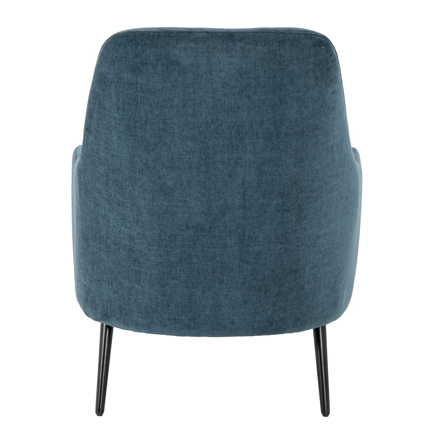 Blue upholstered chair with black legs on a white background