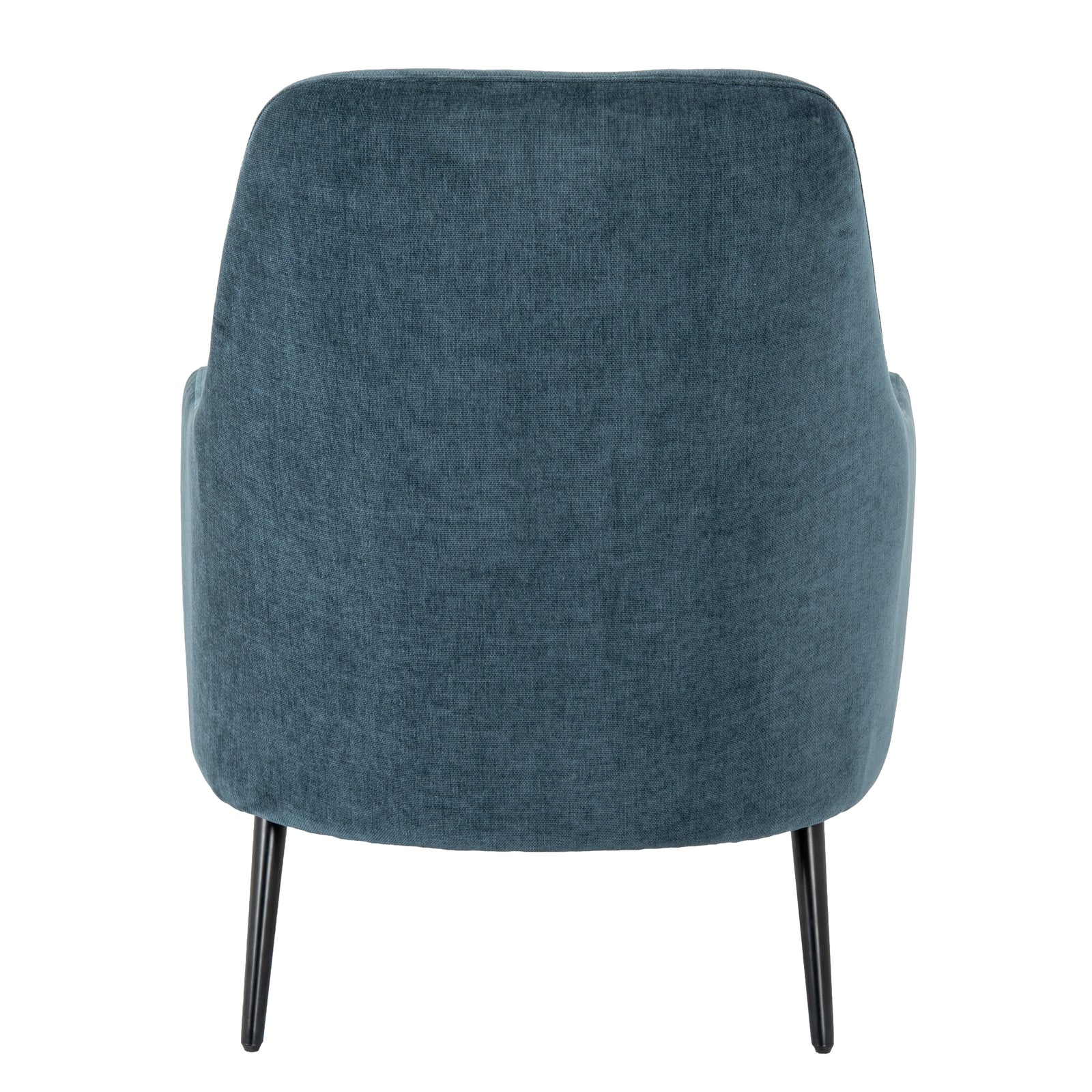 Blue upholstered chair with black legs on a white background