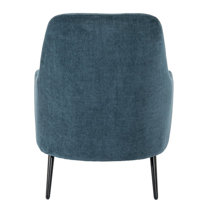 Blue upholstered chair with black legs on a white background