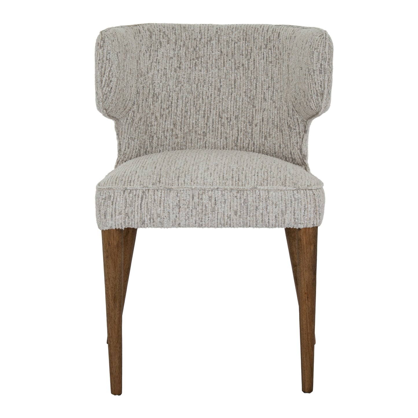 Gray upholstered chair with wooden legs on a white background