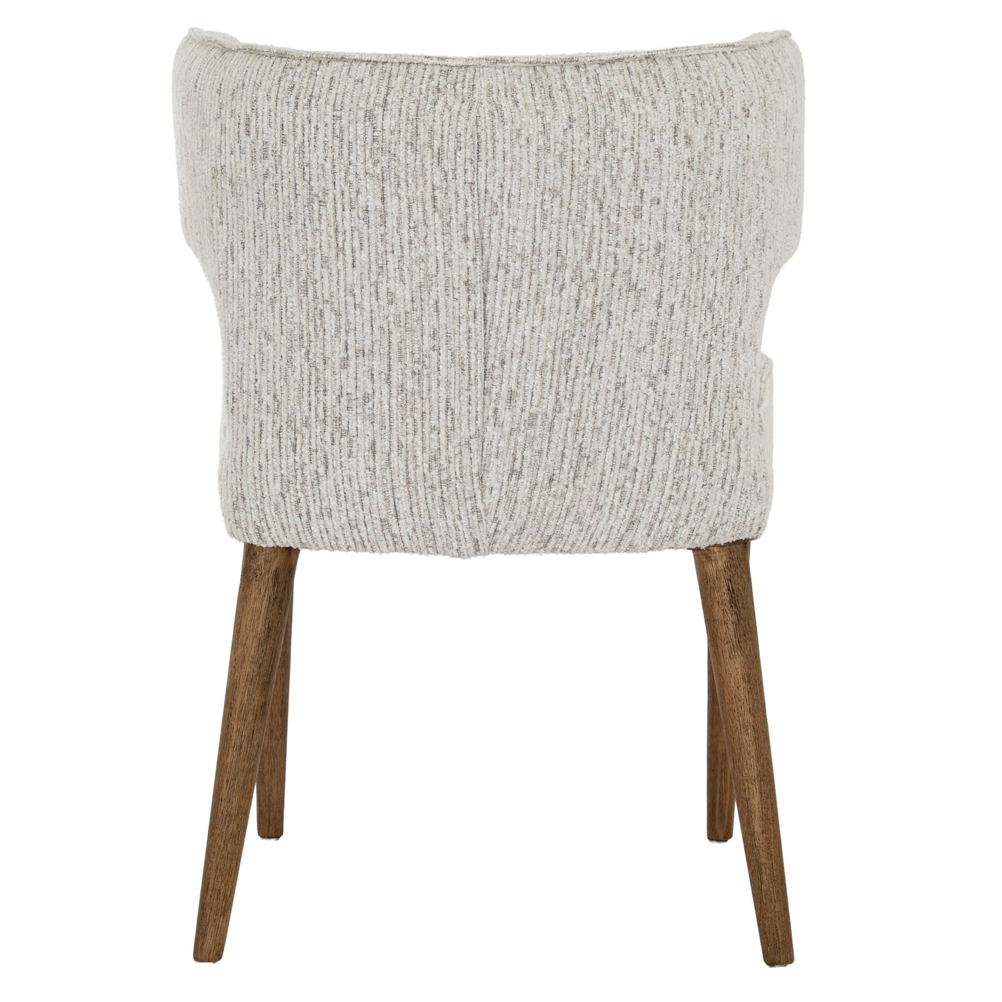 Chair with textured gray cushioned backrest and wooden legs on a white background